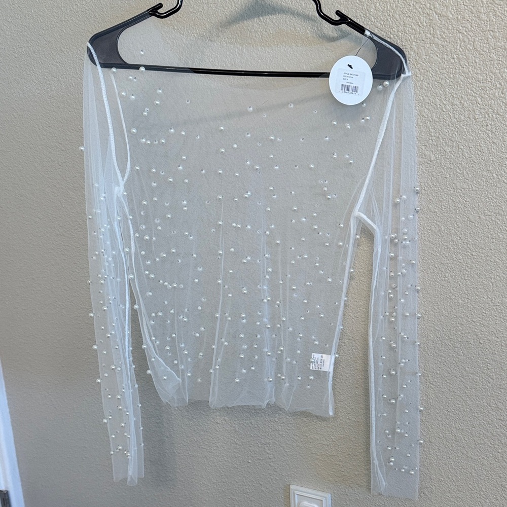 Sheer White Top with Pearl Accents